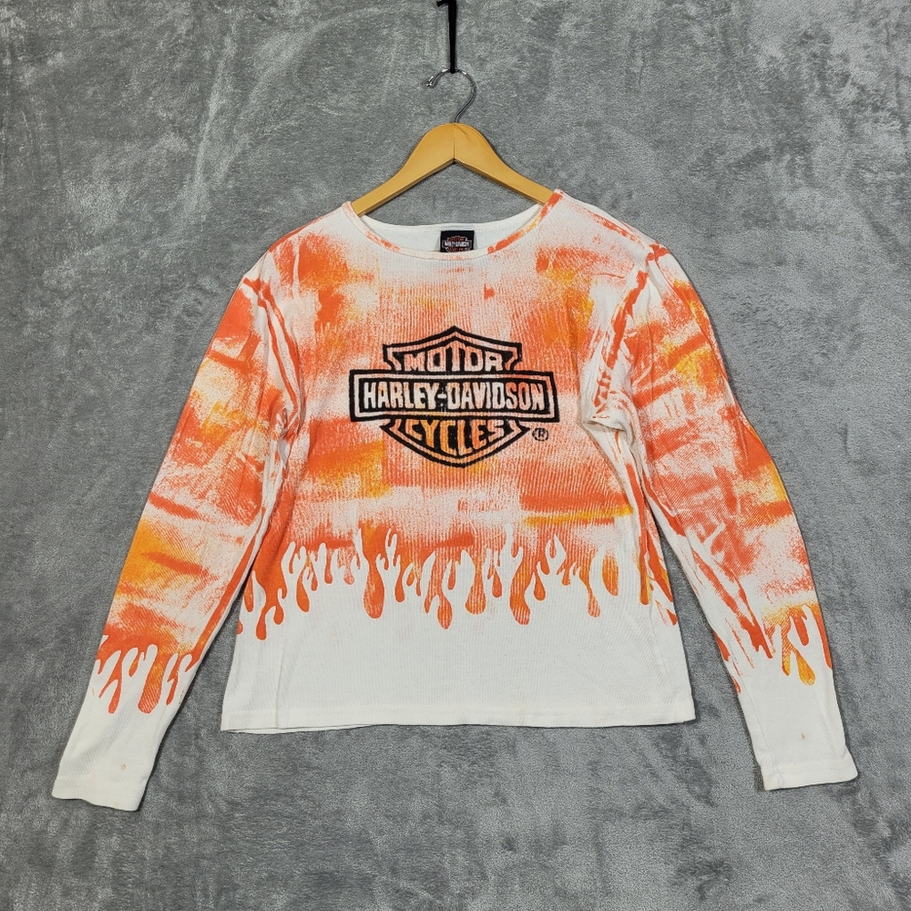 Vintage Harley Davidson Shirt Womens Size Large Long Sleeve Chicago Flames